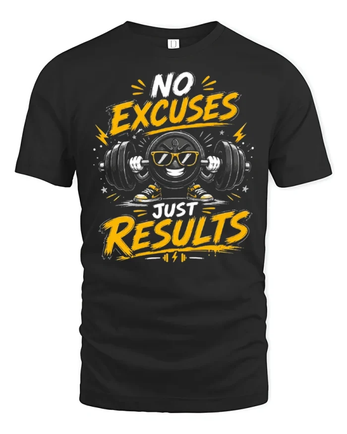 No Excuses Just Results Gym Workout Motivational T-Shirt - black t-shirt on white background