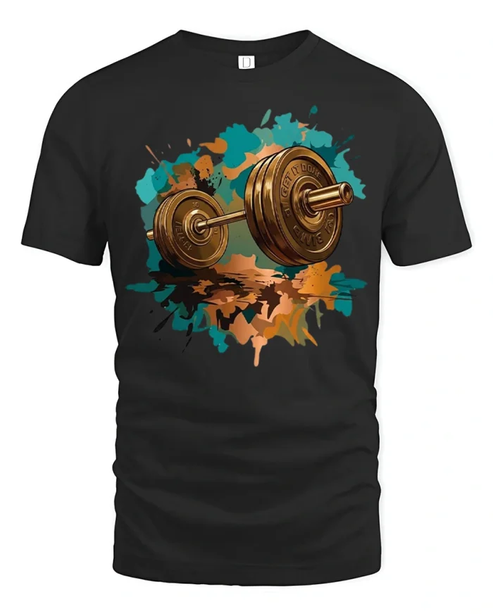 Golden Barbell Watercolor Splash Fitness Gym T-Shirt - black t-shirt on white background