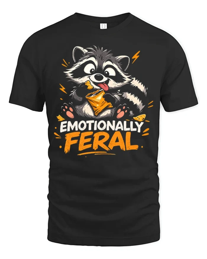 Emotionally Feral Raccoon Eating Snacks Funny T-Shirt - black t-shirt on white background