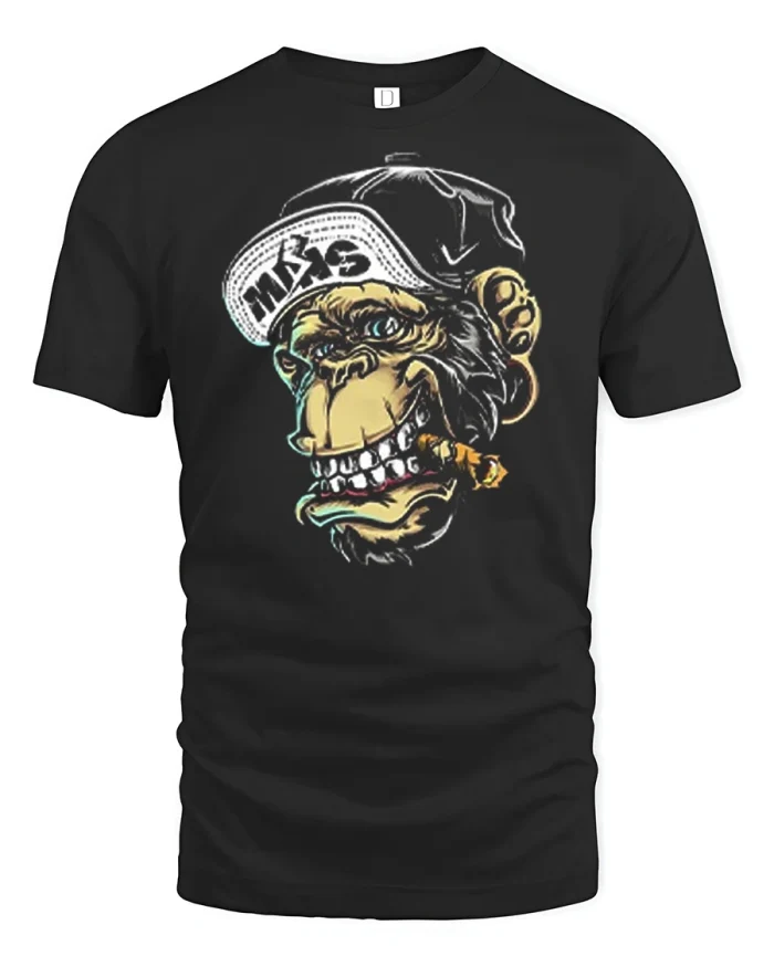 Badass Monkey Wearing Cap Smoking Cigar Graphic T-Shirt - black t-shirt on white background