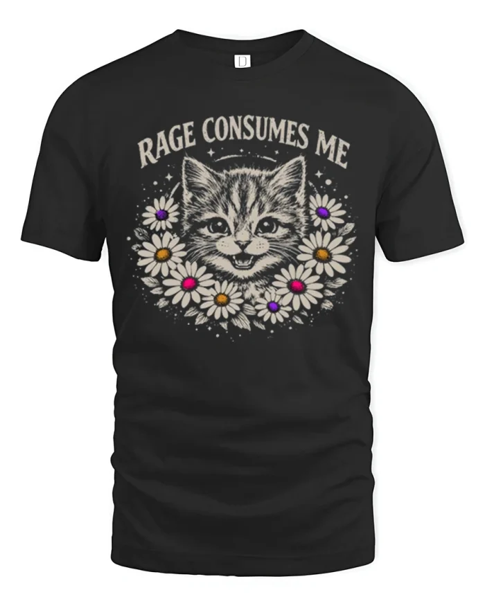 Rage Consumes Me Funny Cat Floral Wreath Quote T-Shirt - black t-shirt on white background