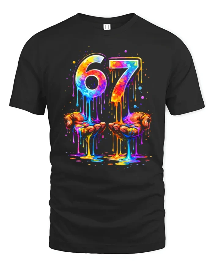 Number 67 Colorful Melting Liquid Hands Art Graphic T-Shirt - black t-shirt on white background