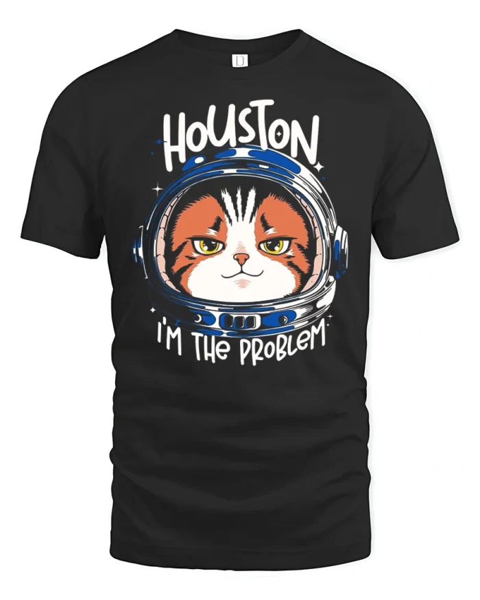 Houston Im The Problem Funny Cat Astronaut T-Shirt - black t-shirt on white background