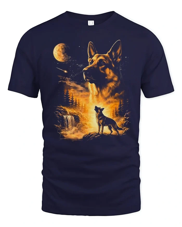 German Shepherd Dog Moonlight Forest Wildlife Art T-Shirt - navy t-shirt on white background