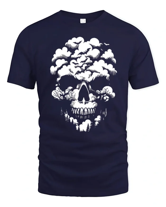 Spooky Cloud Forest Skull Silhouette Graphic T-Shirt - navy t-shirt on white background