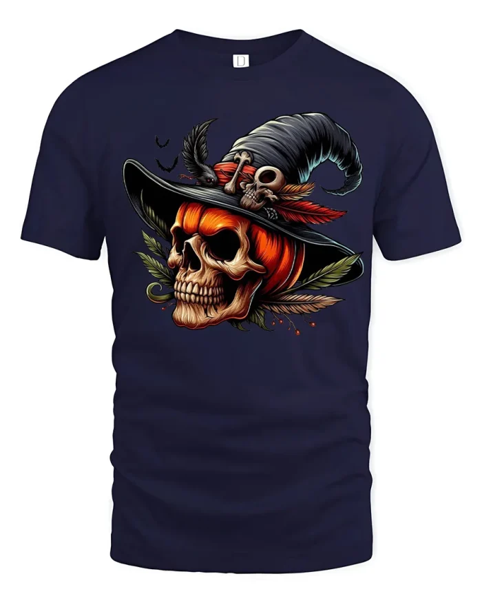 Spooky Pumpkin Skull Witch Hat Halloween Graphic T-Shirt - navy t-shirt on white background