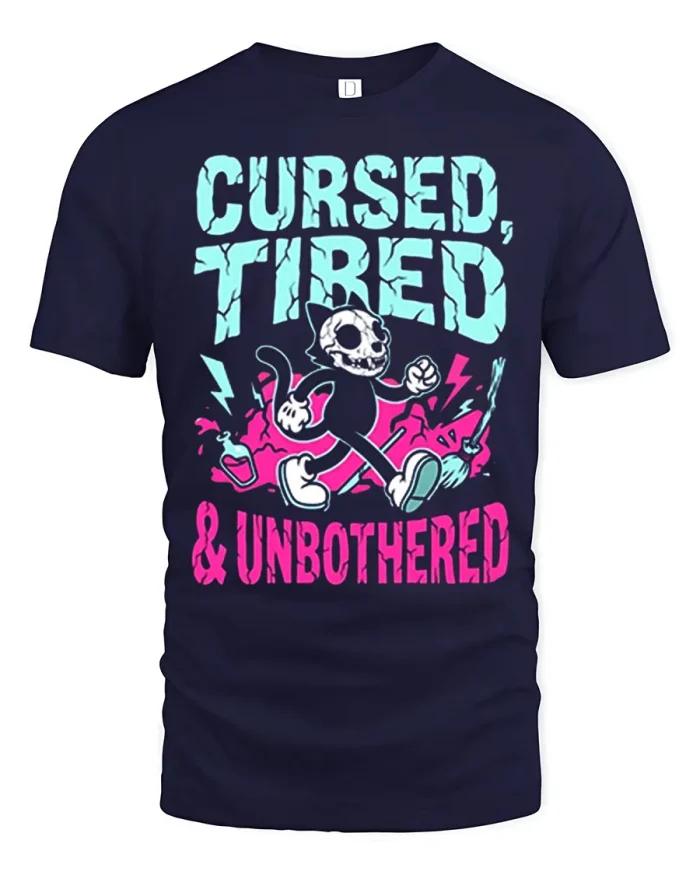 Cursed Tired And Unbothered Cartoon Skeleton Cat T-Shirt - navy t-shirt on white background