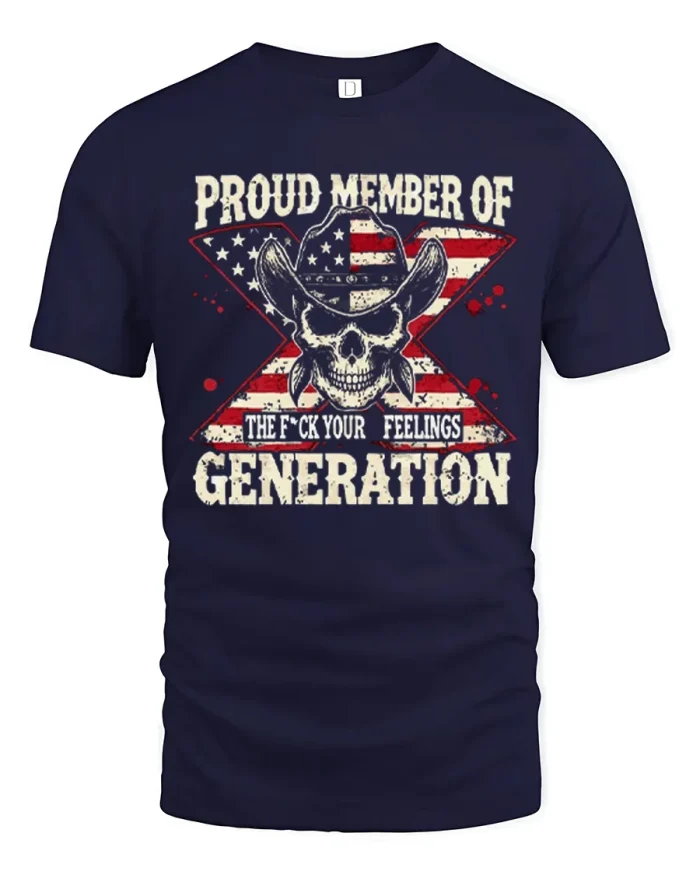 Proud Member Of The Generation American Flag Skull T-Shirt - navy t-shirt on white background