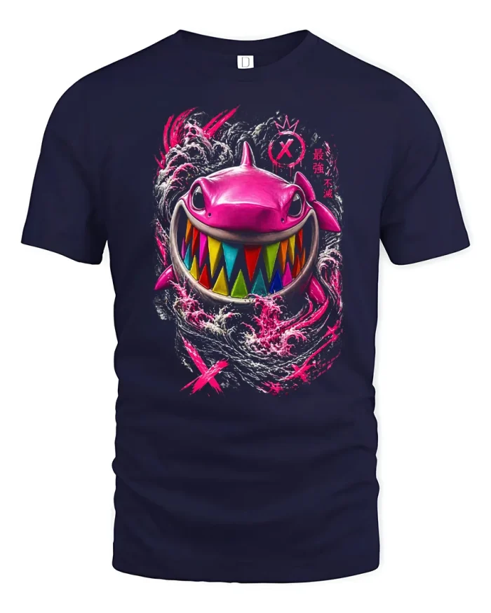 Pink Shark With Colorful Teeth Streetwear Graphic T-Shirt - navy t-shirt on white background