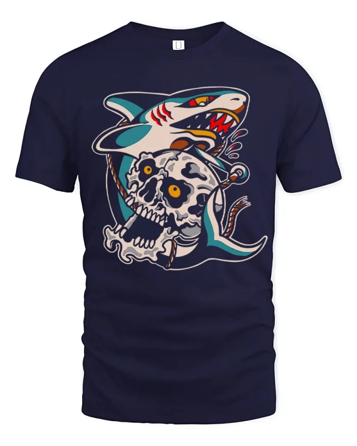 Traditional Tattoo Shark And Skull Graphic T-Shirt - navy t-shirt on white background