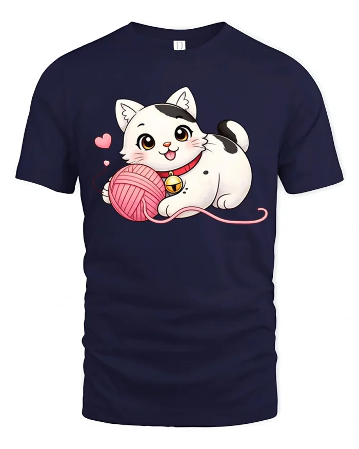 Cute Playful Kitty Cat Playing With Yarn Ball T-Shirt - navy t-shirt on white background