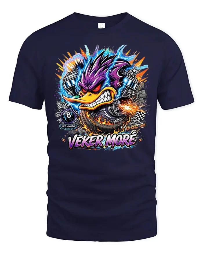 Veker More Crazy Cartoon Duck Hot Rod Graphic T-Shirt - navy t-shirt on white background