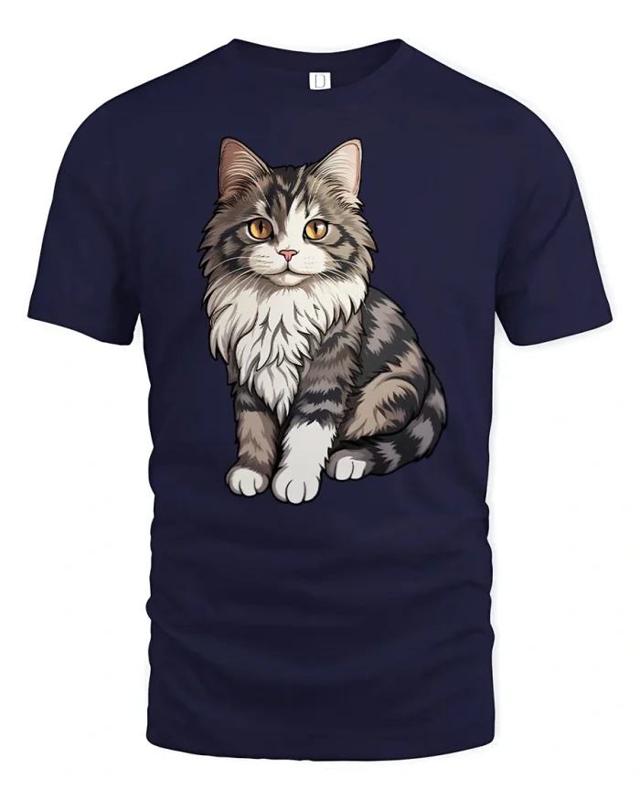 Fluffy Tabby Cat Portrait Cute Pet Lover Graphic T-Shirt - navy t-shirt on white background