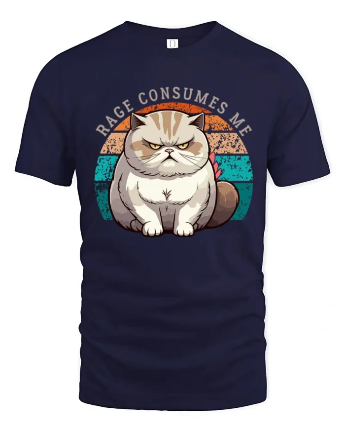 Rage Consumes Me Grumpy Angry Cat Quote T-Shirt - navy t-shirt on white background