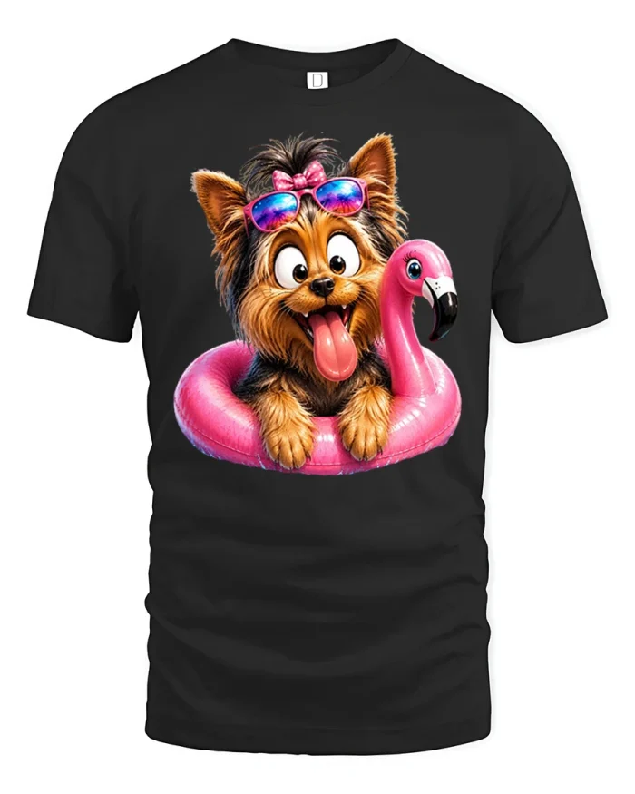 Cute Yorkie Dog With Pink Flamingo Float Graphic T-Shirt - black t-shirt on white background