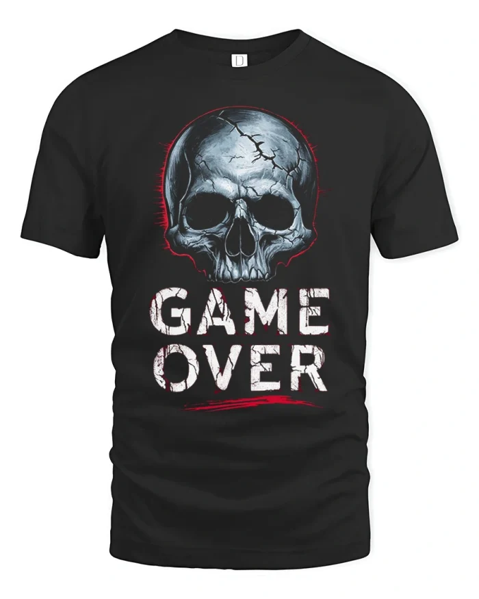 Game Over Skull Graphic Typography T-Shirt - black t-shirt on white background