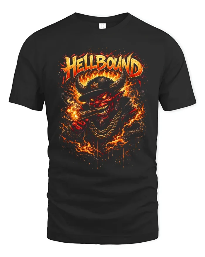 Hellbound Demon Devil Fire Smoking Graphic T-Shirt - black t-shirt on white background