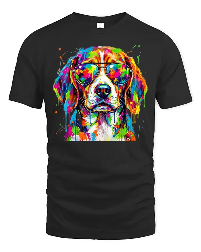 Colorful Beagle Dog Wearing Sunglasses Graphic T-Shirt - black t-shirt on white background