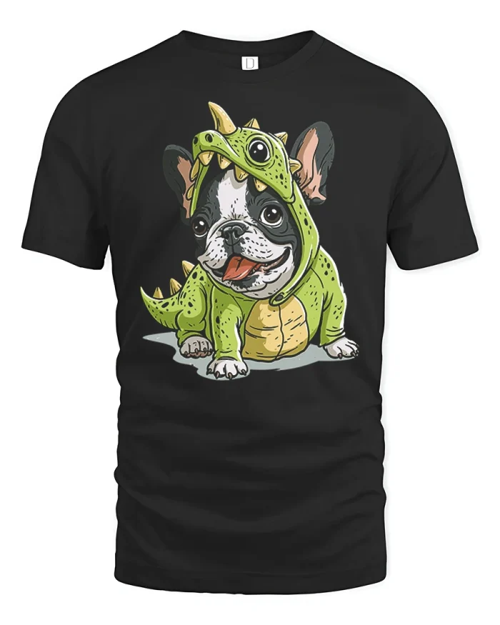 Cute French Bulldog Dinosaur Costume Graphic T-Shirt - black t-shirt on white background