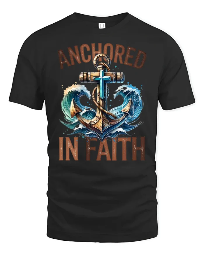 Anchored In Faith Anchor Cross Waves Graphic T-Shirt - black t-shirt on white background