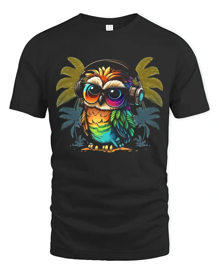 Colorful DJ Owl Wearing Headphones Graphic T-Shirt - black t-shirt on white background