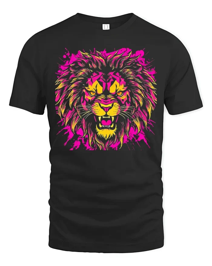 Fierce Pink Neon Lion Roaring Graphic T-Shirt - black t-shirt on white background