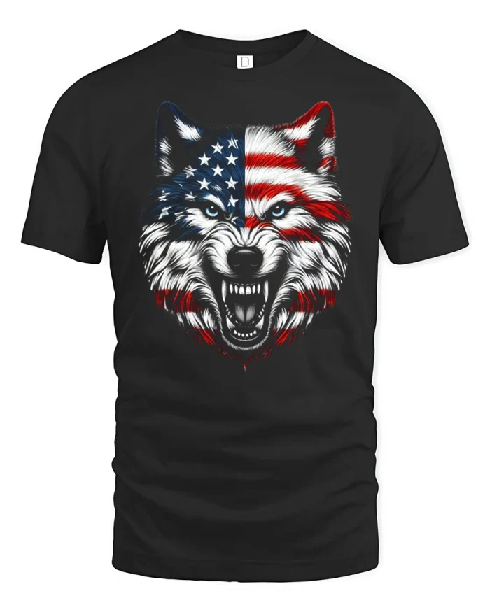 American Flag Wolf Patriotic Graphic T-Shirt - black t-shirt on white background