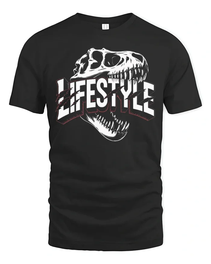 Dinosaur Lifestyle T Rex Skull Typography Graphic T-Shirt - black t-shirt on white background