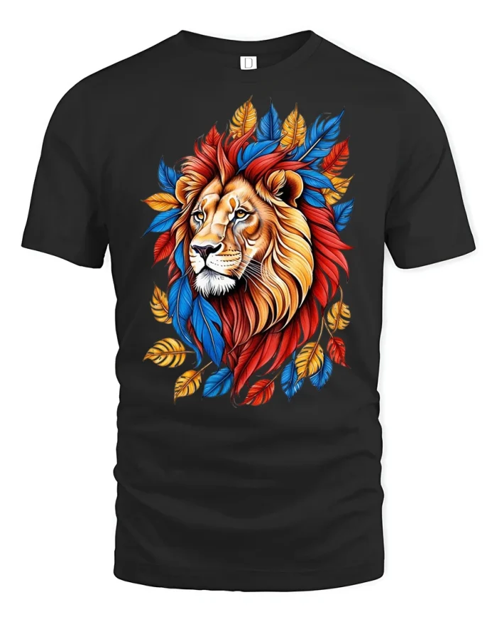 Majestic Lion Feathers Colorful Graphic T-Shirt - black t-shirt on white background