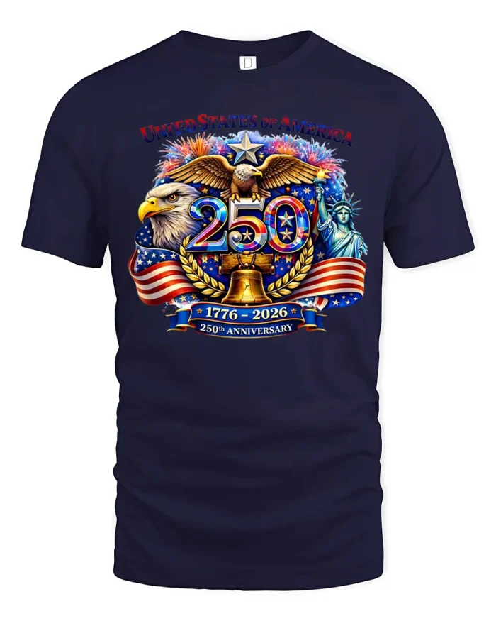 USA 250th Anniversary 1776 to 2026 Patriotic T-Shirt - navy t-shirt on white background