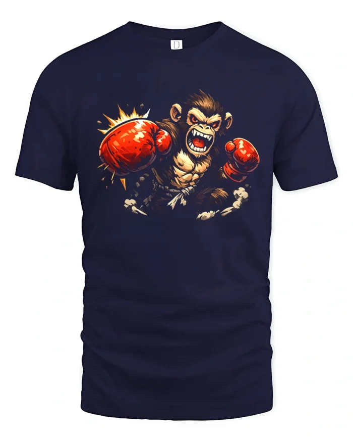 Fierce Boxing Monkey Punching Red Gloves Graphic T-Shirt - navy t-shirt on white background