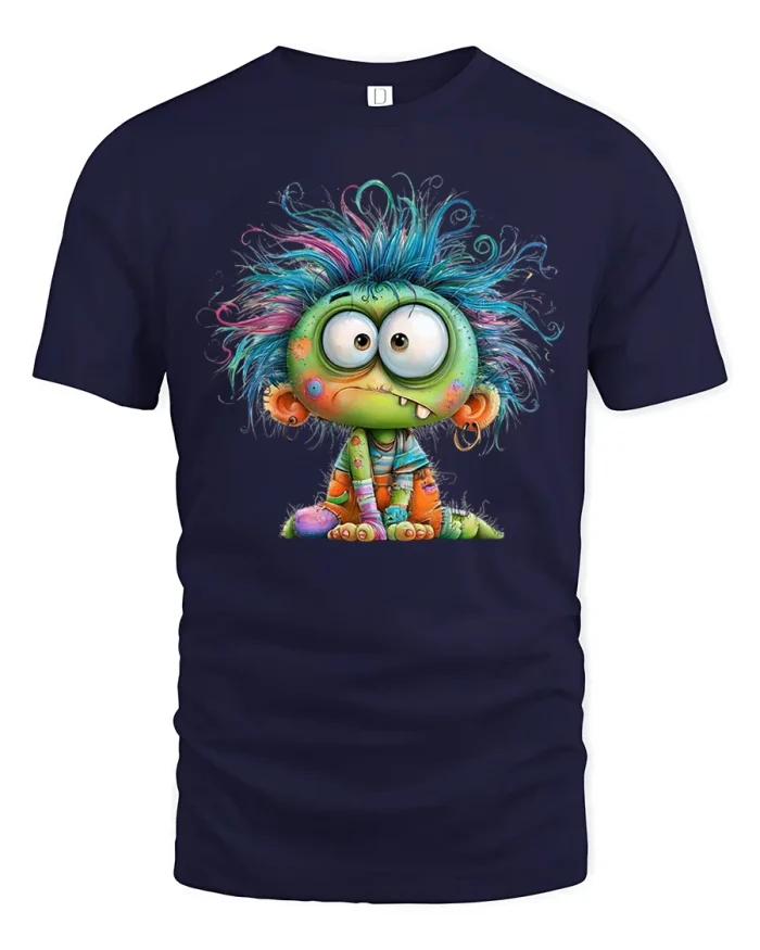 Cute Crazy Green Monster Troll Cartoon Graphic T-Shirt - navy t-shirt on white background