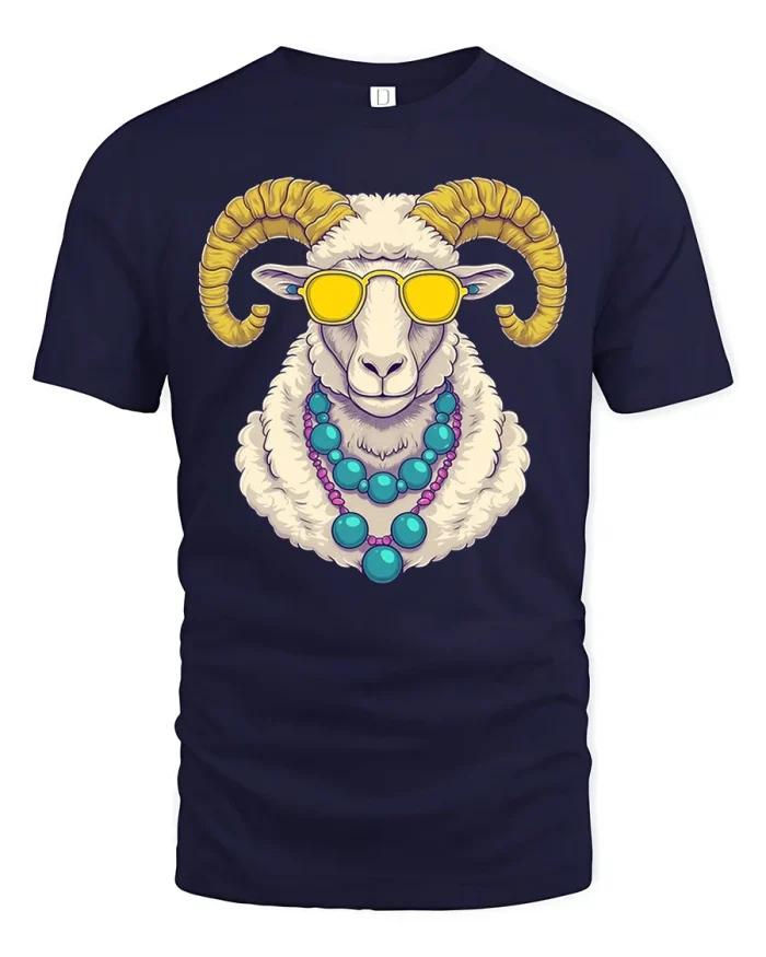 Cool Ram Sheep Wearing Sunglasses Necklace Graphic T-Shirt - navy t-shirt on white background