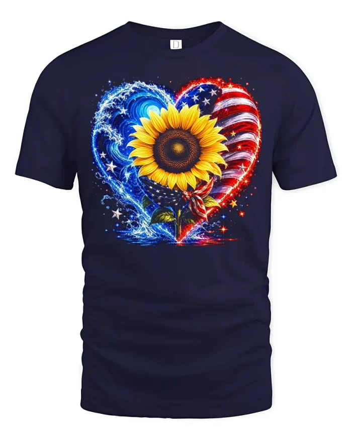 Sunflower American Flag Heart Water Splash Graphic T-Shirt - navy t-shirt on white background