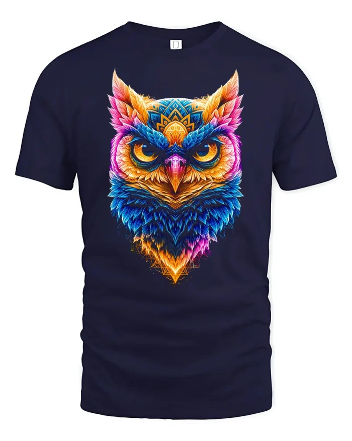 Colorful Boho Owl Feathers Graphic T-Shirt - navy t-shirt on white background