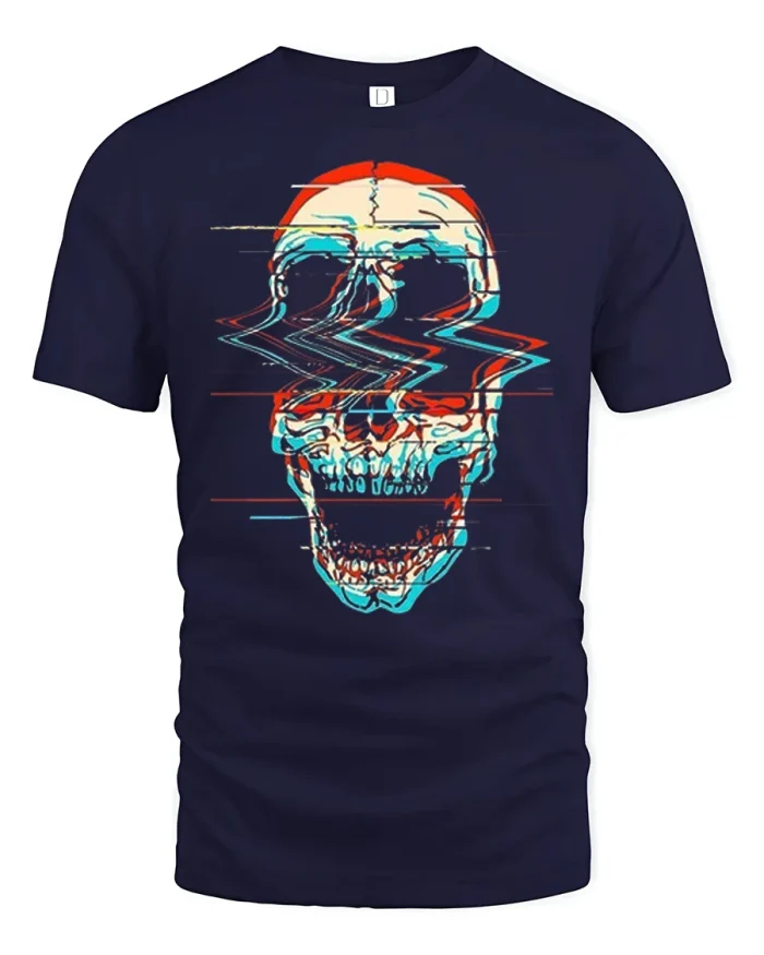 Glitch Art Skull Trippy Vaporwave Graphic T-Shirt - navy t-shirt on white background