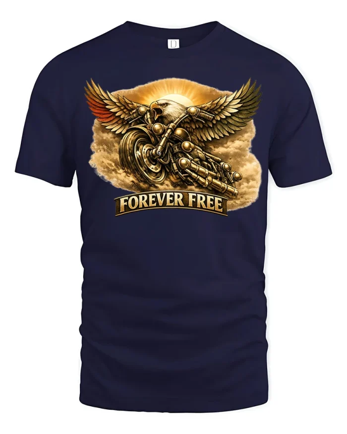 Forever Free Eagle Motorcycle Rider Graphic T-Shirt - navy t-shirt on white background
