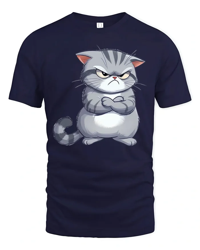 Grumpy Grey Cat Crossed Arms Angry Graphic T-Shirt - navy t-shirt on white background