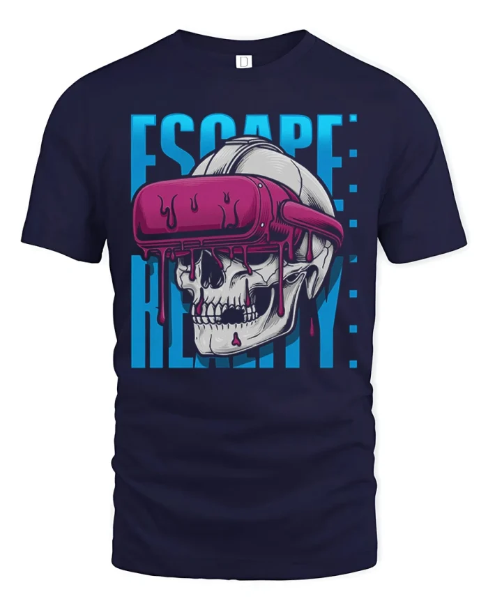 Escape Reality VR Skull Cyberpunk Graphic T-Shirt - navy t-shirt on white background