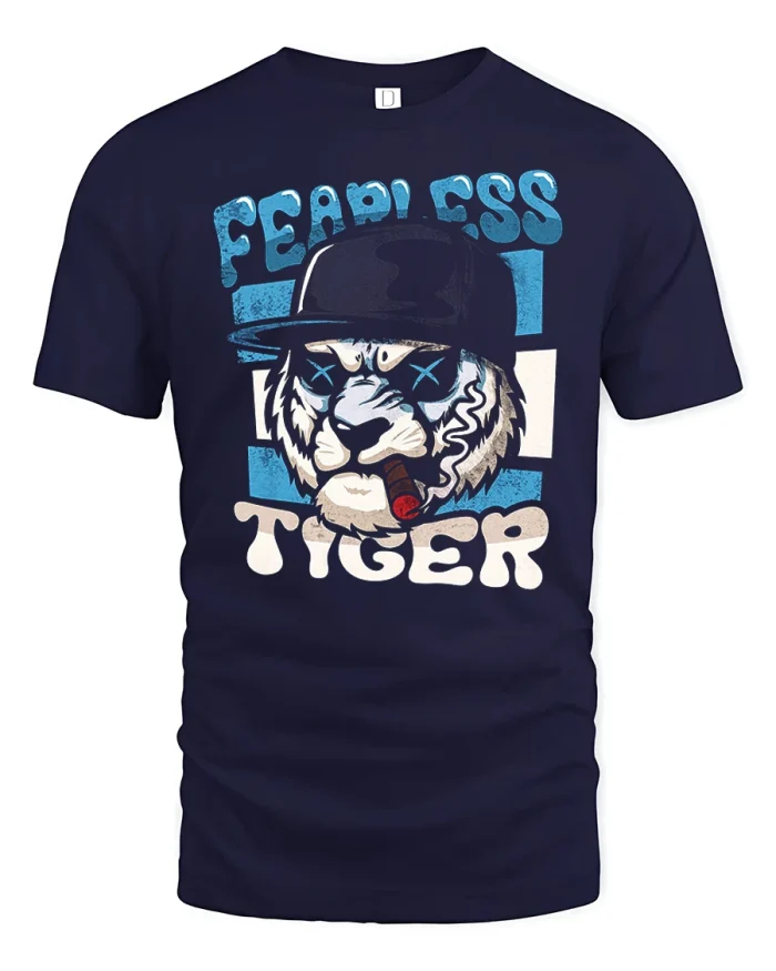 Fearless Tiger Smoking Cigar Cap Graphic T-Shirt - navy t-shirt on white background