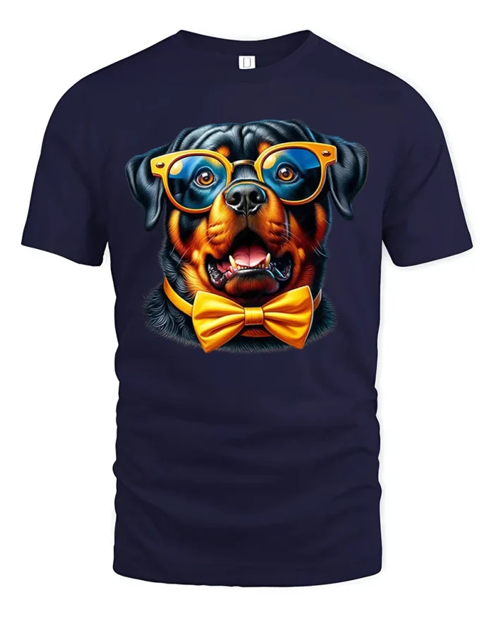 Cool Rottweiler Dog Wearing Sunglasses Bowtie T-Shirt - navy t-shirt on white background