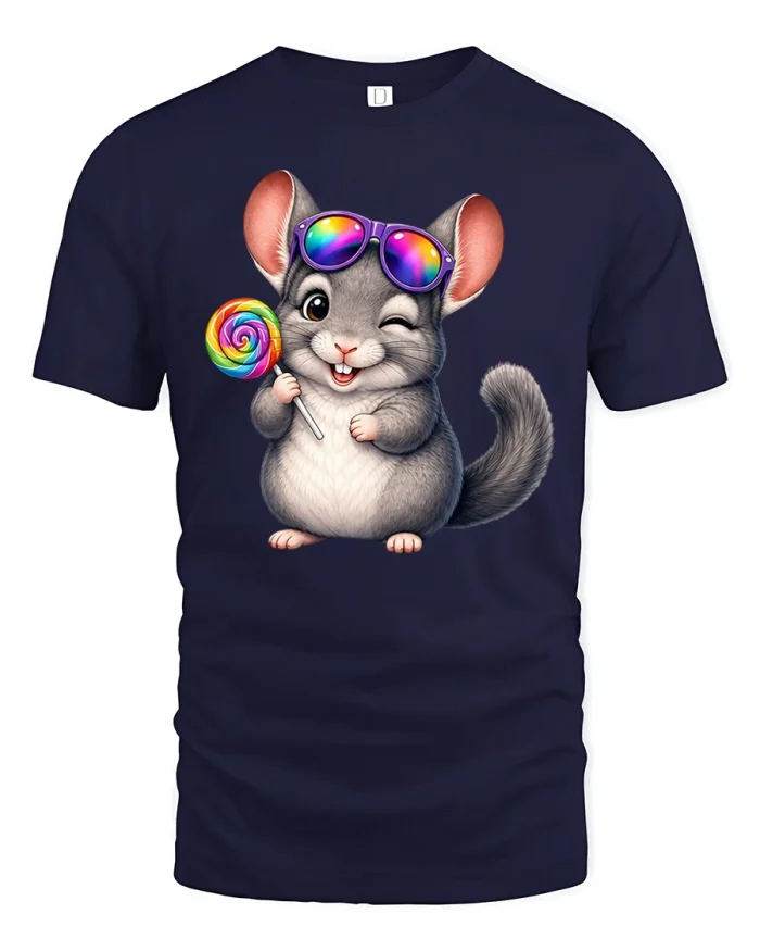 Cute Chinchilla Wearing Sunglasses Lollipop Graphic T-Shirt - navy t-shirt on white background