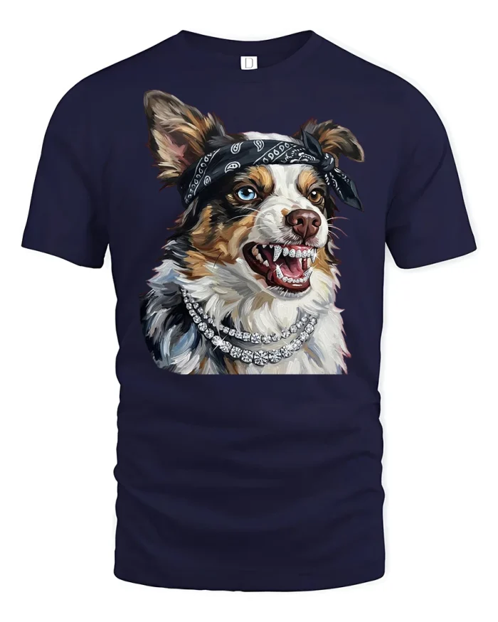 Gangsta Australian Shepherd Dog Bandana Diamond Chain T-Shirt - navy t-shirt on white background