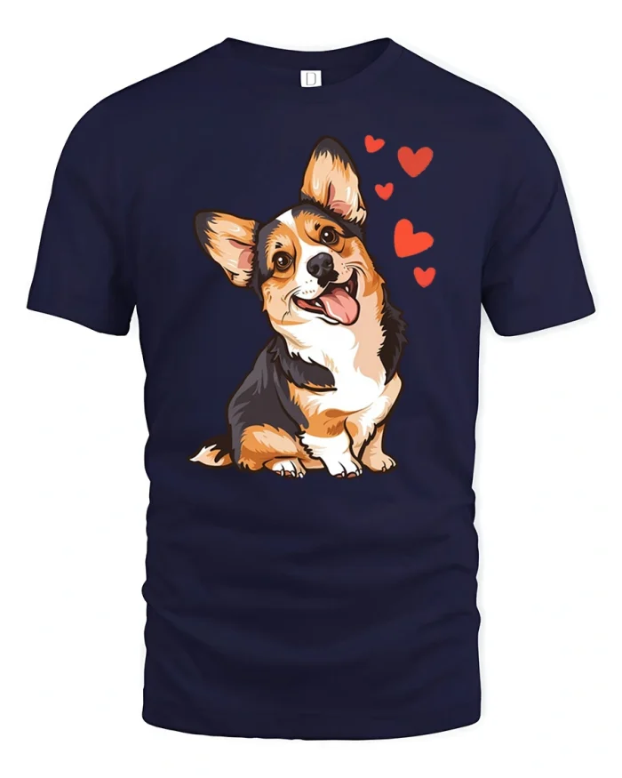 Cute Corgi Dog Hearts Love Cartoon Graphic T-Shirt - navy t-shirt on white background