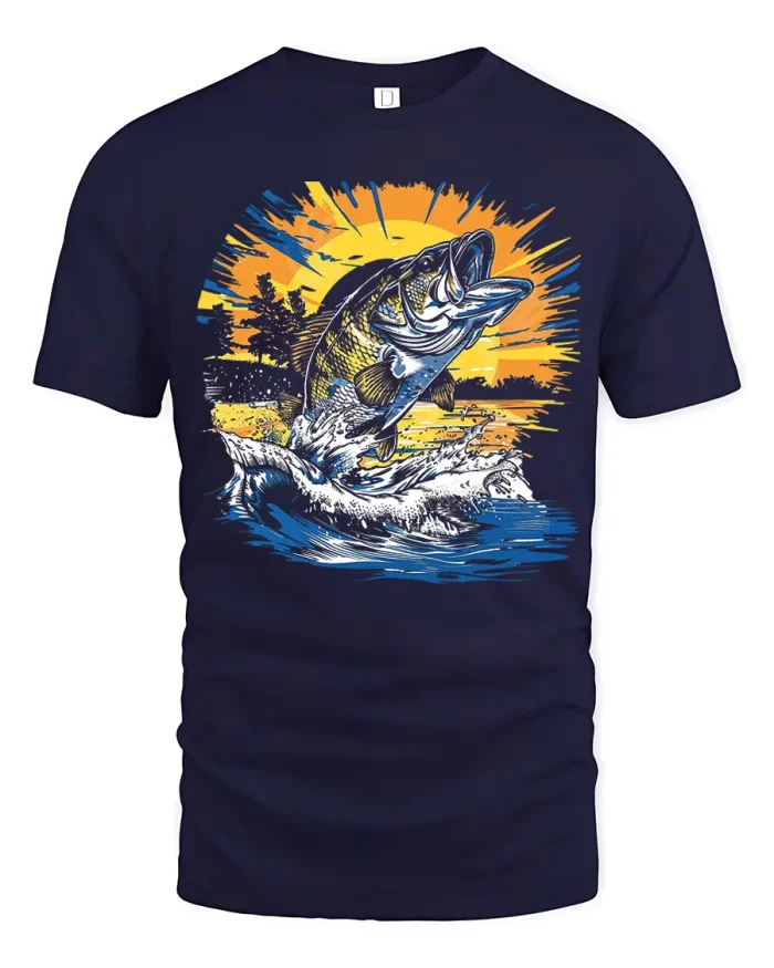 Leaping Bass Fish Sunset Vintage Graphic T-Shirt - navy t-shirt on white background