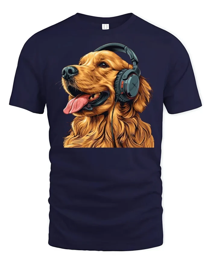Golden Retriever Dog Wearing Headphones Graphic T-Shirt - navy t-shirt on white background