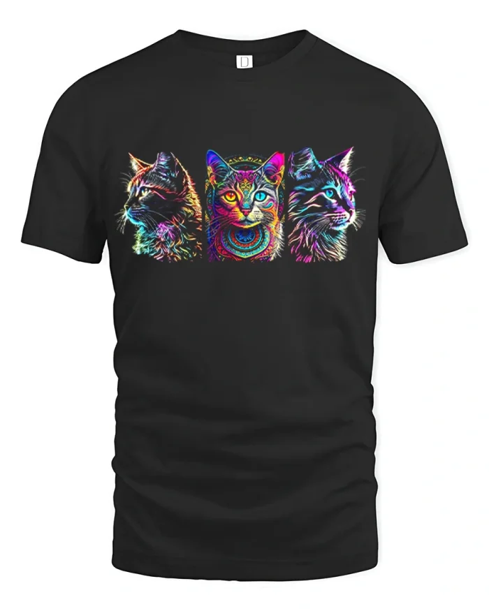 Vibrant Neon Rainbow Cats Trippy Graphic T-Shirt - black t-shirt on white background