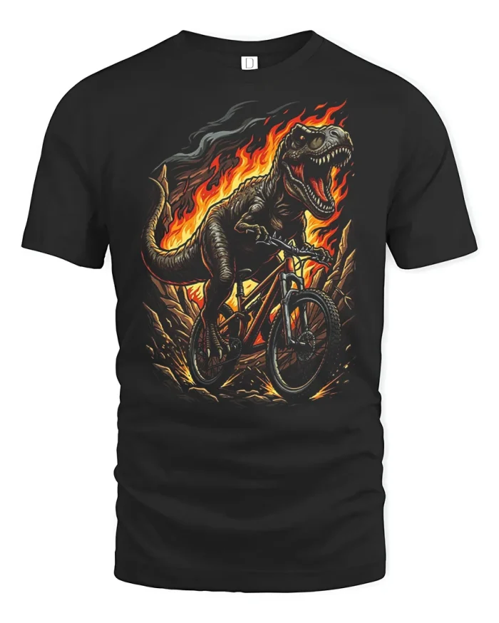 Fierce Fire T-Rex Dinosaur Riding Mountain Bike T-Shirt - black t-shirt on white background