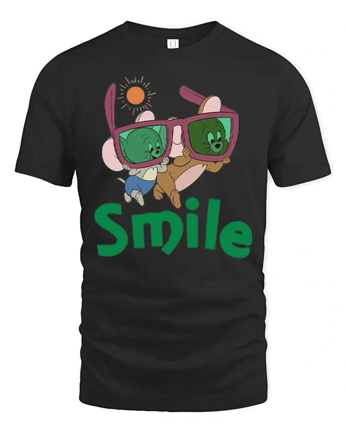 Smile Cute Cartoon Mice Wearing Big Sunglasses T-Shirt - black t-shirt on white background