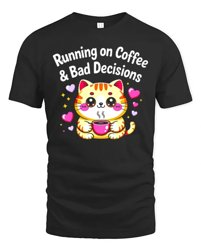 Running On Coffee And Bad Decisions Cute Cat T-Shirt - black t-shirt on white background